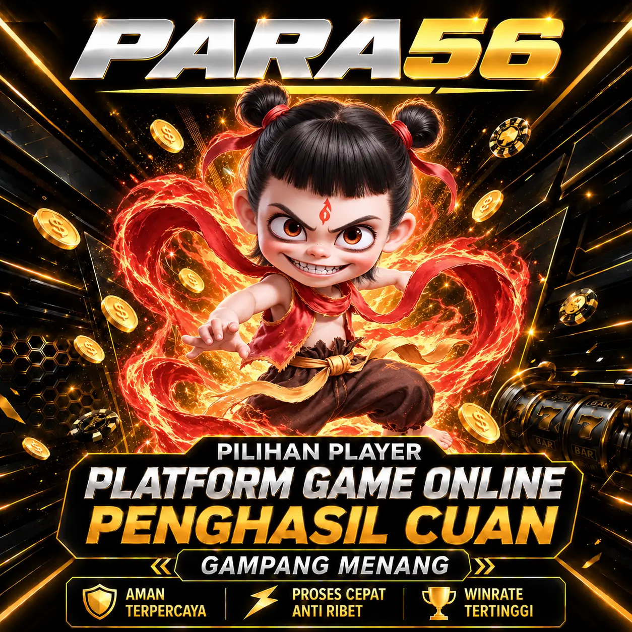 Banner Para56 bertema hitam dan emas, dengan ilustrasi karakter platform game online.